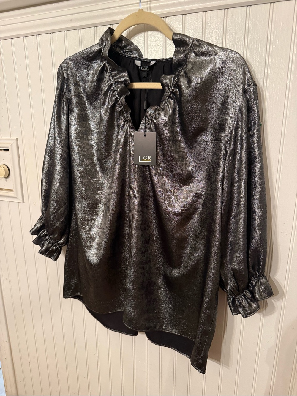 Nwt Lior Paris Blossom Silver Foil Metallic Large Blouse